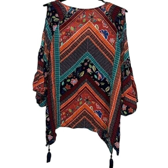Democracy Womens Boho Floral Patchwork Blouse Top With Tassels V-Neck Multicolor - Picture 8 of 10